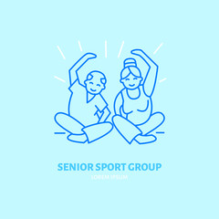 Modern vector line icon of gymnastics. Senior sport group linear logo. Outline symbol for elderly leisure. Old men fitness design element for sites, clubs. Health care logotype, sport sign.