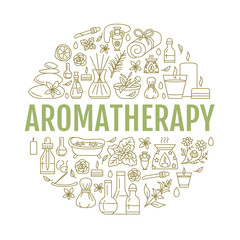 Aromatherapy and essential oils brochure template. Vector line illustration of aromatherapy diffuser, oil burner, spa candles, incense sticks, herbal bag massage. Aromatherapy poster