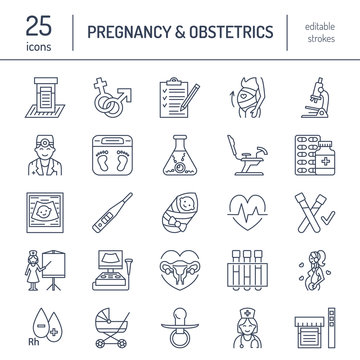 Modern vector line icon of pregnancy management and obstetrics. Gynecology elements - chair, tests, doctors, sonogram, baby, pregnancy gadgets. Obstetrics design element for sites, hospitals, clinics.