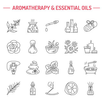 Modern vector line icons of aromatherapy and essential oils. Elements - aromatherapy diffuser, oil burner, spa candles, incense sticks. Linear pictogram  for aromatherapy salon.