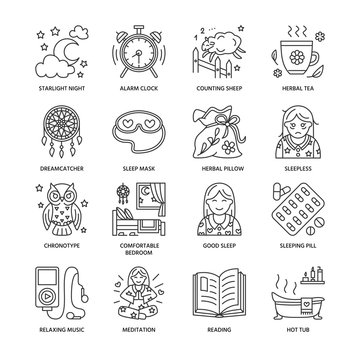 Modern vector line icon of sleepless and healthy sleep. Elements - clock, pillow, pills, dream catcher, counting sheep. Linear pictogram for sites, brochures about insomnia problem