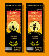 Set of Halloween ticket or flyer on holiday party with pumpkin, scary trees, moon and monster bats on orange gradient background. Letters from bones. Cartoon style. Vector illustration