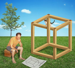The man built a impossible cube. He is looking for a mistake in your project.