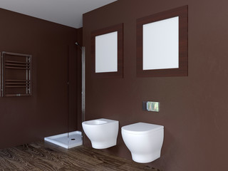 Naklejka na ściany i meble Modern interior of a bathroom in a city apartment. 3D Render