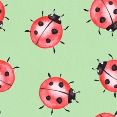 Watercolor ladybugs. Seamless pattern 3. Green background
