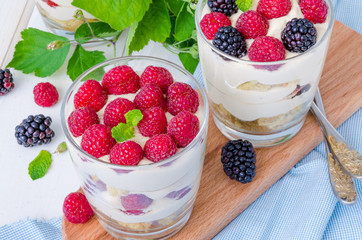 Tiramisu in a glass with coffee sponge cake and fresh berries