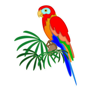Colorful parrot sitting on a palm tree on a white background