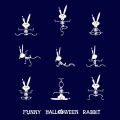 Set of halloween design elements: cute rabbit skeleton in cartoon style - activity yoga in funny poses isolated on dark blue background. Vector illustration