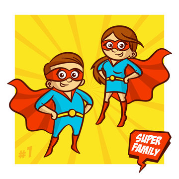 Super Family. Mother and Father Superheroes. Vector Illustartion