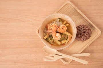 Sour soup with shrimp and mix vegetable healthy food and brown rice low fat