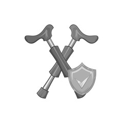 Crossed crutches and shield with tick icon in black monochrome style on a white background vector illustration