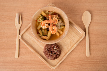 Sour soup with shrimp and mix vegetable healthy food and brown rice low fat
