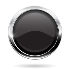 Web button. Round black icon with chrome frame. Vector illustration isolated on white background