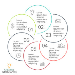 Vector circle arrows linear infographic, cycle diagram, minimal graph, flat presentation chart. Business concept with 6 options, parts, steps, processes.