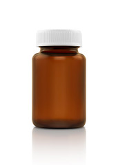 Blank brown glass supplement bottle isolated on white background
