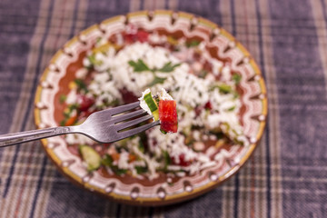 Macro shot of Shopska salad on a fork.
