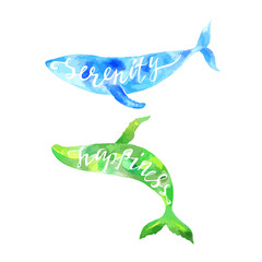 Whales with lettering Serenity and Happiness. Watercolor hand drawn illustration.