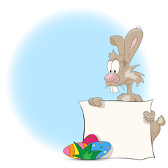 Illustration of a cartoon Easter bunny with Easter Eggs and blank sign for your text