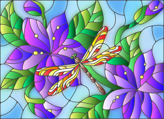 Naklejki  Ilustracja w stylu witrażu z jasną ważką na tle nieba, liści i kwiatów