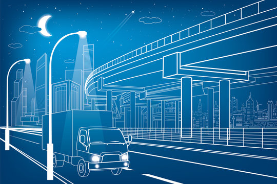 Automotive flyover, truck travels, architectural, infrastructure and transportation illustration, transport overpass, highway, white lines urban scene, night city on background, vector design art
