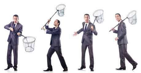 Colage of businessman with catching net on white