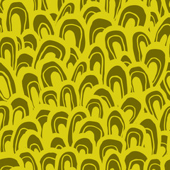 Seamless abstract pattern. Handmade shapes, looks like waves, fish scale or forest, golden colors. Relaxed geometry. Textile design.