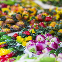 assortment colorful gummy candies at market