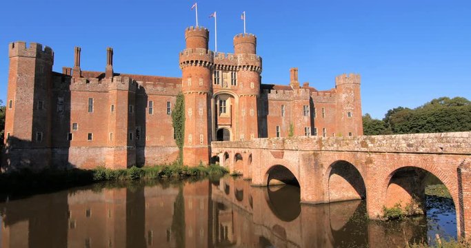 View of a moated brick castle in Southern England
