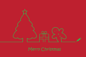 Line art Christmas vector. Xmas tree gift and gingerbread man cookies. Merry Christmas message.