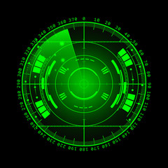 Radar screen. Vector illustration for your design. Technology background. Futuristic user interface. Radar display with scanning. HUD. Vector EPS10.