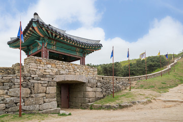 View of North Gate of Geumjeongsanseong Fortress and surrounding wall in Busan, South Korea.