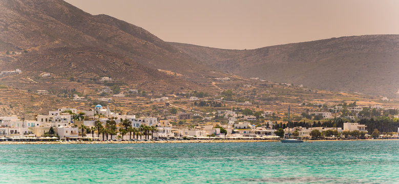 Panoramic view of Paroikia the centre of Paros island in Greece.
