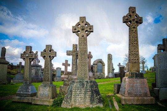 Old stone celtic crosses on a graveyard