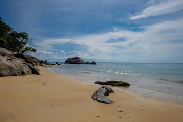 Fototapeta na wymiar Tropical island sea shore with sand palms and rocks. Beautiful s