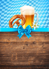 Oktoberfest background or card template, with beer, pretzel and edelweiss, copyspace for your text
