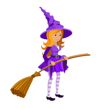Cute teenage witch in purple dress with a broom isolated on white background