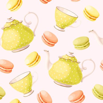 Seamless pattern with tea pots and cups