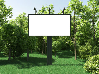 Empty billboard template in the park on a sunny day with sun light. Mock up with white blank free copy space for design, advertising, text or photo. 3d illustration