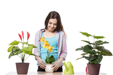 Woman taking care of plant isolated on white