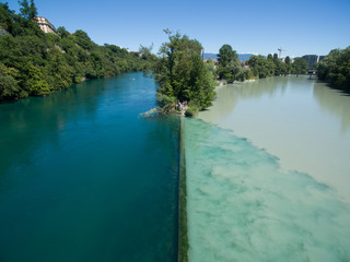 Aerial view of Arve an Rhone river confluent in  Geneva Switzerl