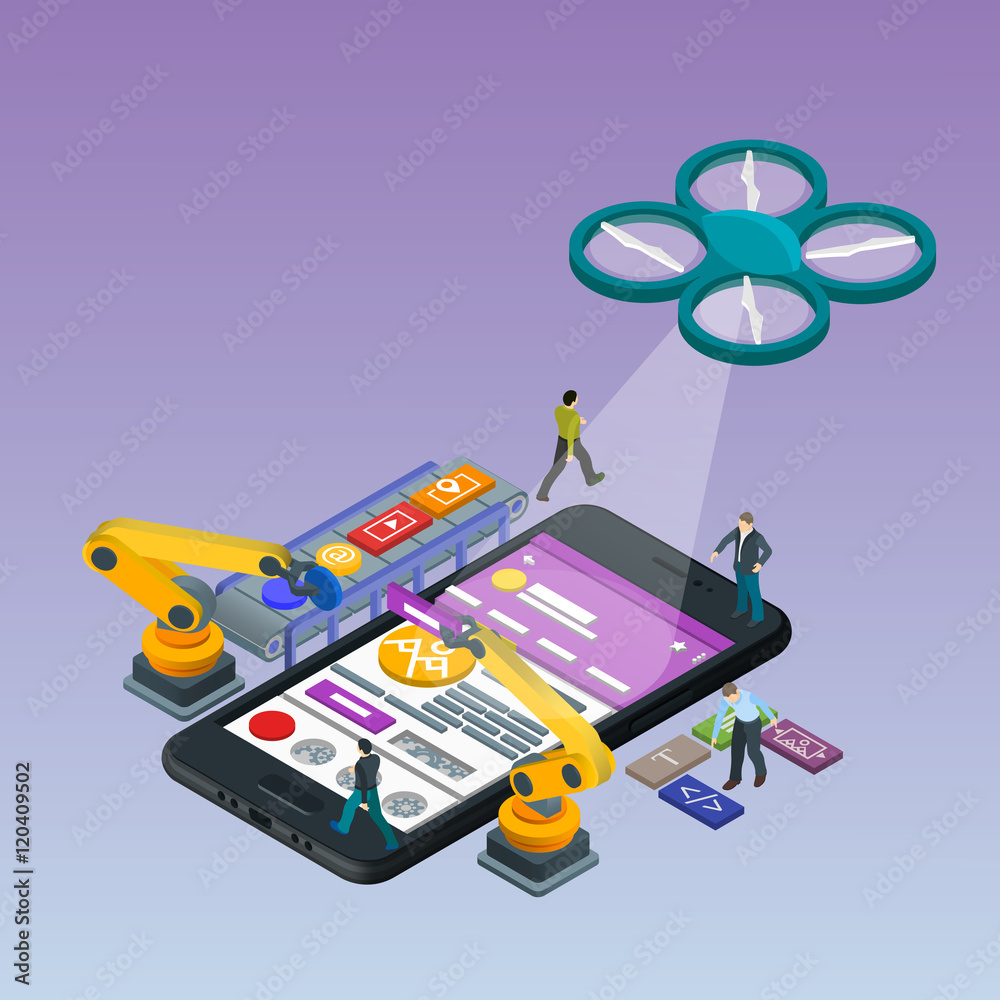 Poster mobile app development, experienced team. flat 3d isometric black phone. management and project mana