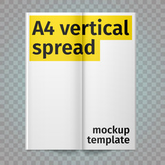 Vertical A4 flyer spread with white pages. Vector blank А4 spread. Isolated white paper. A4 brochure open. Template leaflet spread.