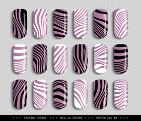 Nail art design. A set overhead nail, labels, stickers, elements for design. Ideas for manicure, pedicure, beauty salons, modeling agencies. Fashion trends. Collection in color. Vector illustration 
