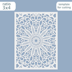 Laser cut wedding invitation card template vector.  Cut out the paper card with lace pattern.  Greeting card template for cutting plotter.