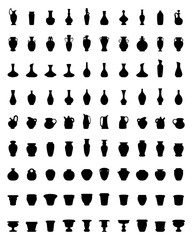 Black silhouettes of pottery, jars, bowls and vases, vector