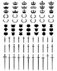 Black silhouettes of crowns, shields, wreaths and swords