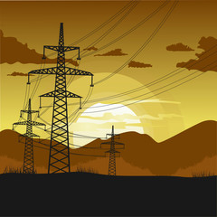 High voltage transmission towers. Beautiful landscape at sunset