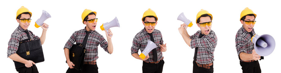 Young construction worker with loudspeaker isolated on white