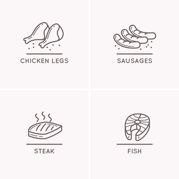 Line drawing sausages, chicken legs, salmon fillet.