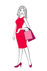 Sketch illustration of girl with shopping bags